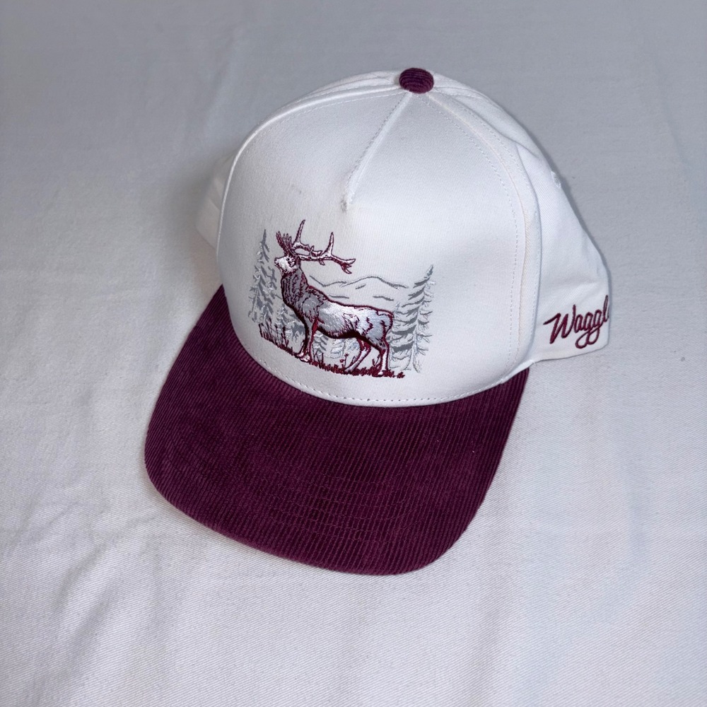 Waggle Yukon Snapback Hat OS White Burgundy NEW Corduroy Brim Elk Embroidery
